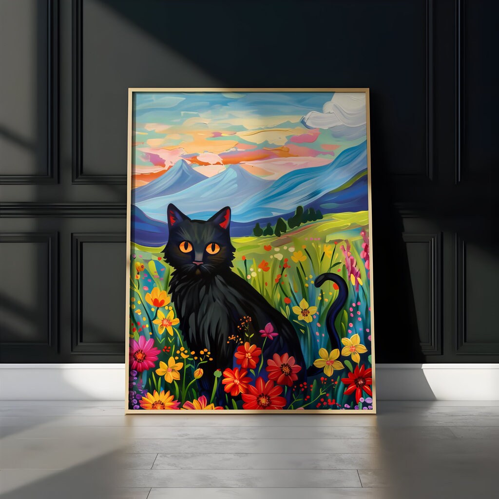 Twilight Bloom Black Cat in a Field of Wildflowers Interactive Wall Art