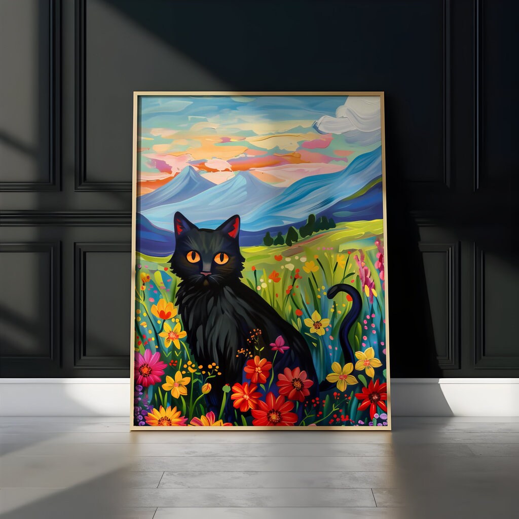 The Sunset Familiar: Black Cat in Wildflower Field at Sunset | Impressionist Mountain Landscape