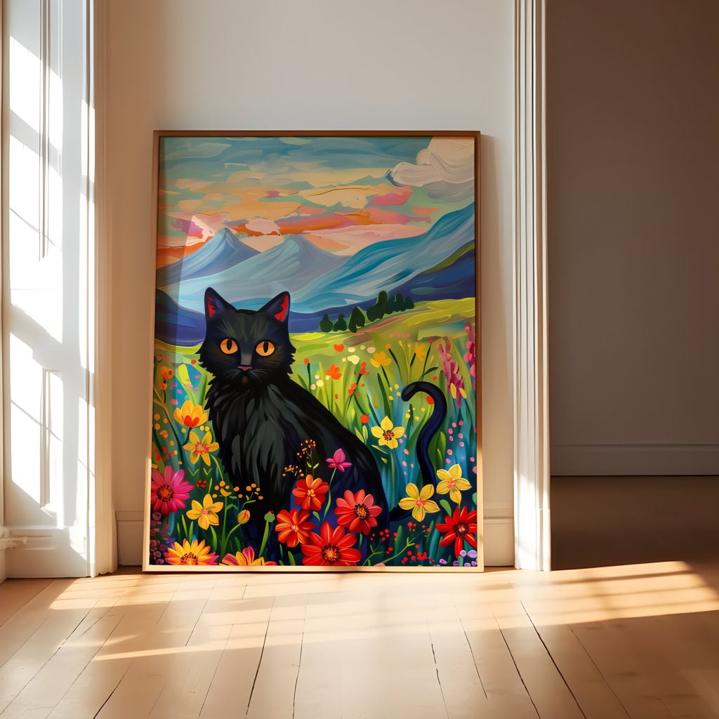 Twilight Bloom Black Cat in a Field of Wildflowers Interactive Wall Art