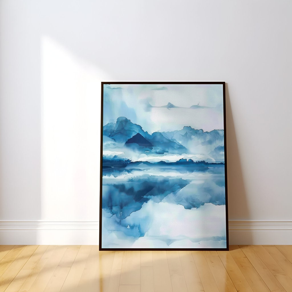 Mountain Serenity: Blue Mountain & Lake Reflection Art | Misty Forest & Tranquil Wall Decor