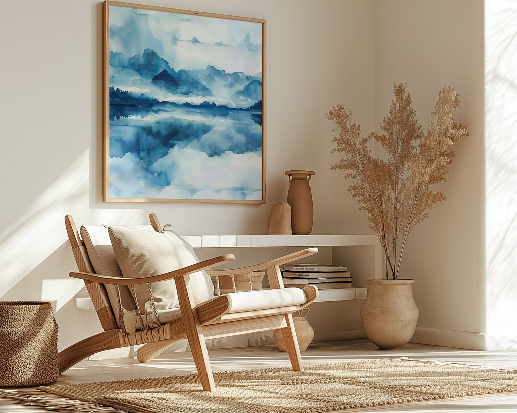 Mountain Serenity: Blue Mountain & Lake Reflection Art | Misty Forest & Tranquil Wall Decor
