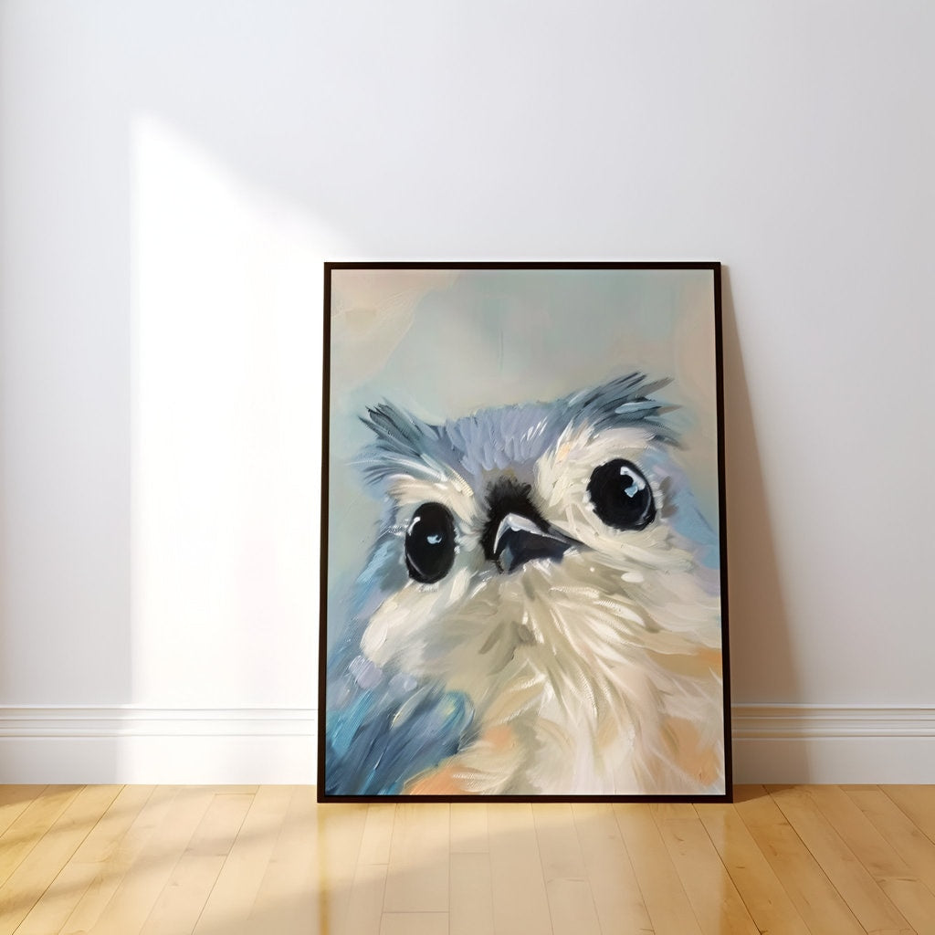 The First Look: Cute Baby Bird with Big Eyes Soft Sweet Nursery Wall Art