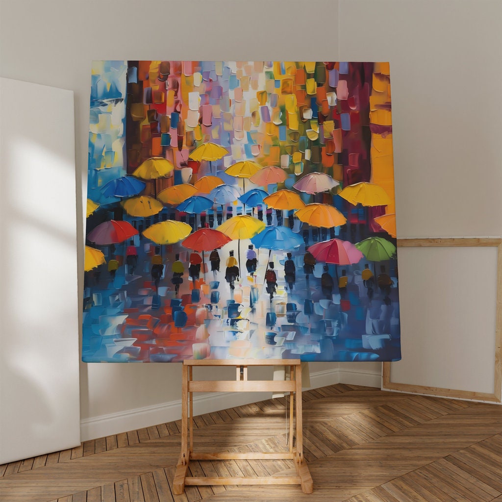 Rainy City Street Impressionist Painting with Vibrant Umbrellas Interactive Wall Art