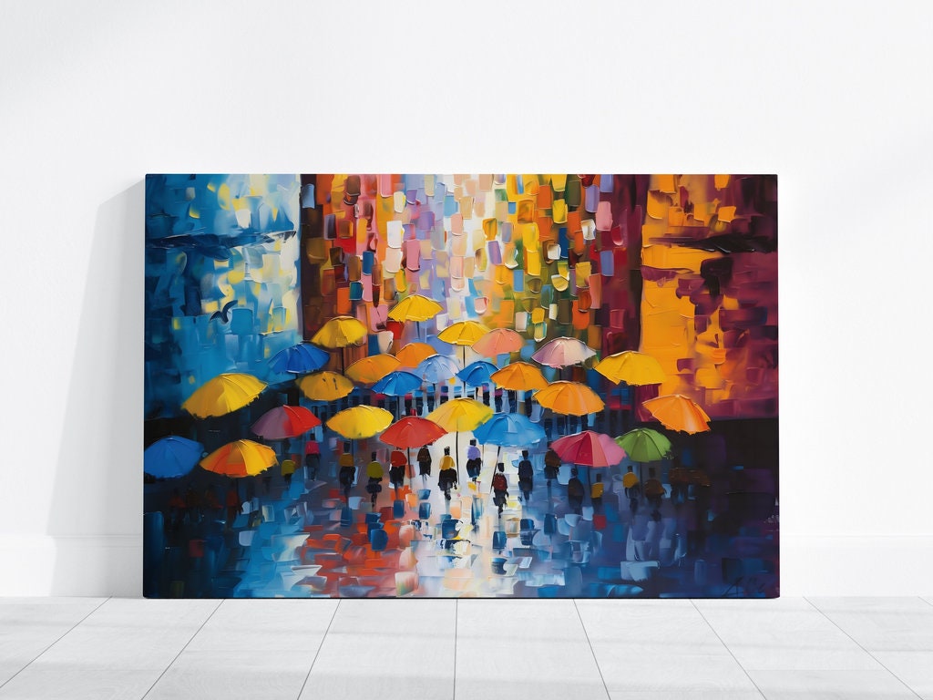 Rainy City Street Impressionist Painting with Vibrant Umbrellas Interactive Wall Art