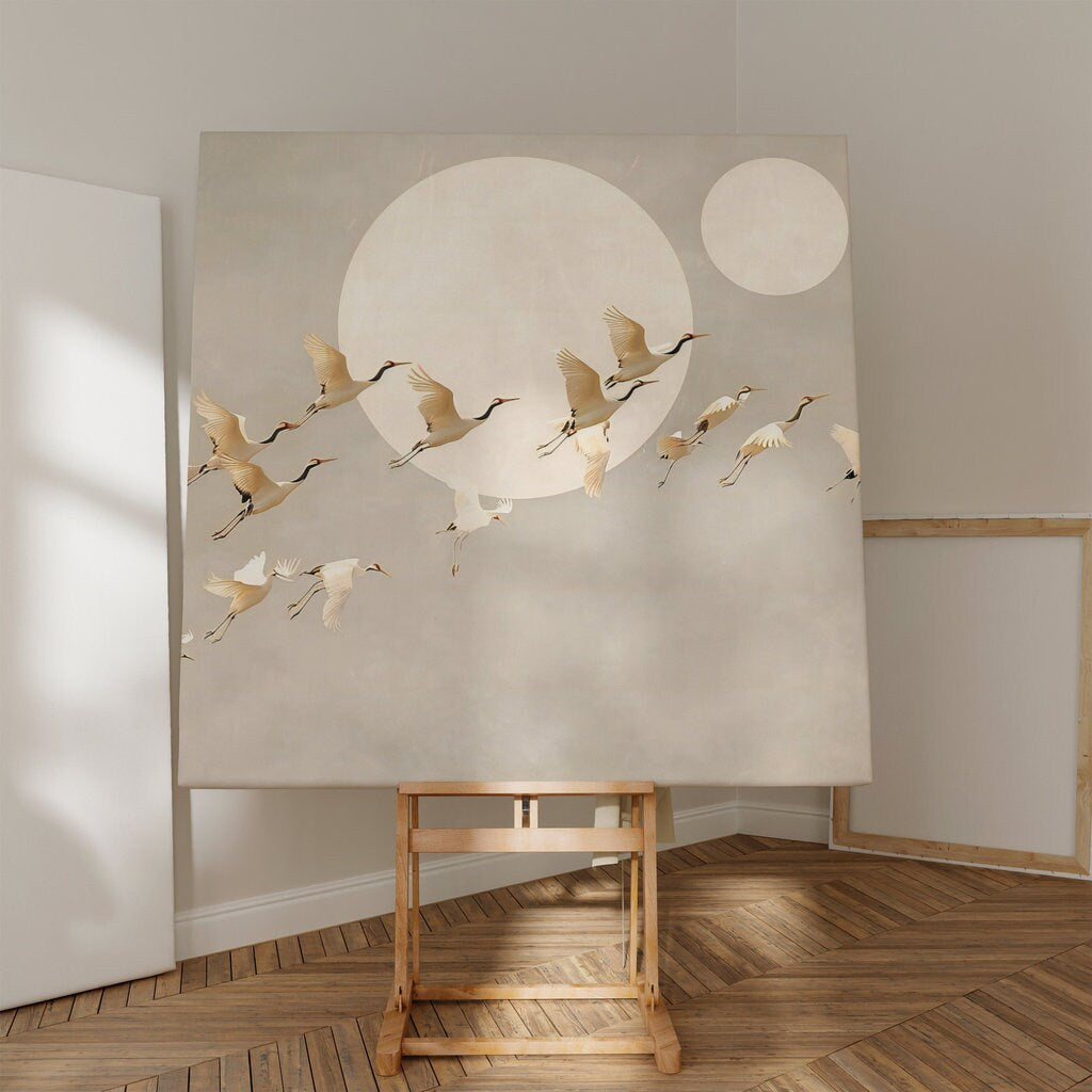 Ethereal Cranes Flying by Full Moon Interactive Wall Art