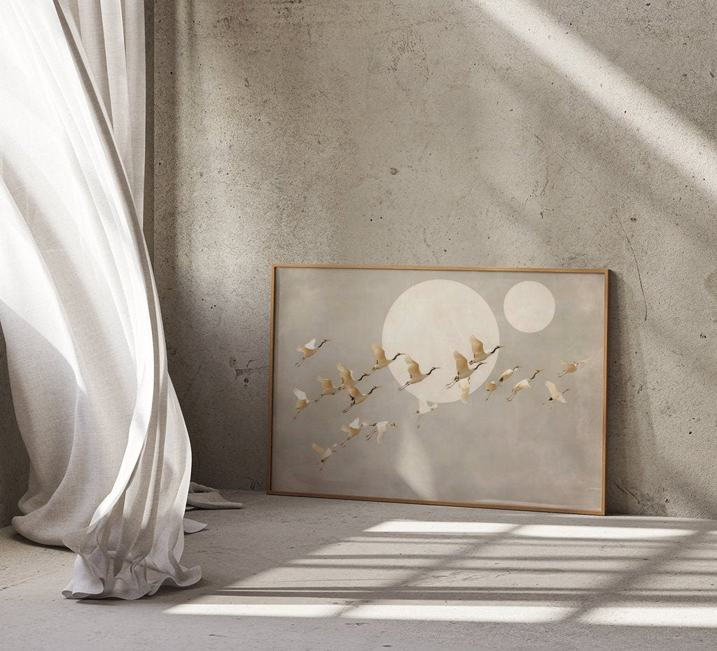 Ethereal Cranes Flying by Full Moon Interactive Wall Art