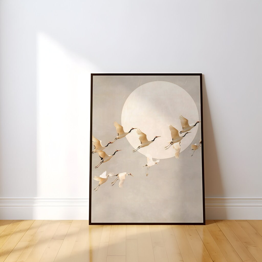 Ethereal Cranes Flying by Full Moon Interactive Wall Art