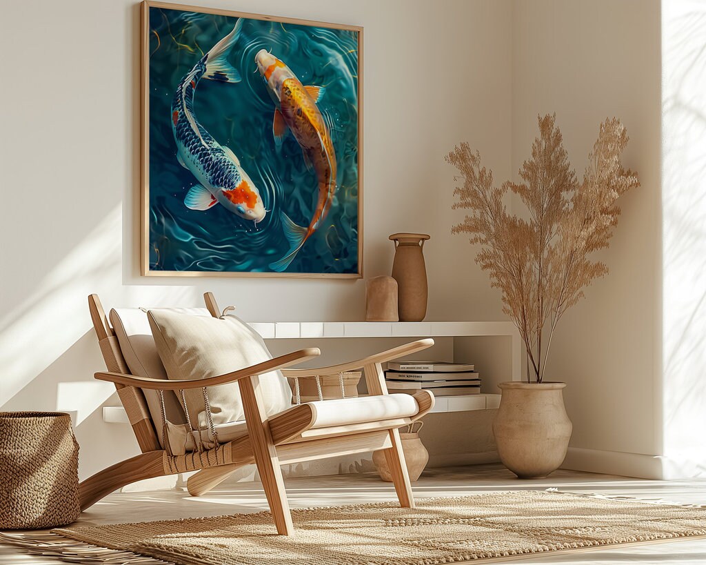The Yin & Yang: Two Koi Fish in Rippling Pond | Serene & Elegant Japanese Inspired Art