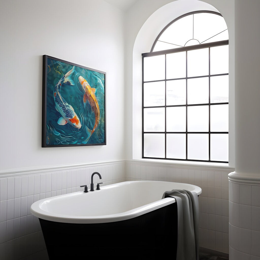 The Yin & Yang: Two Koi Fish in Rippling Pond | Serene & Elegant Japanese Inspired Art