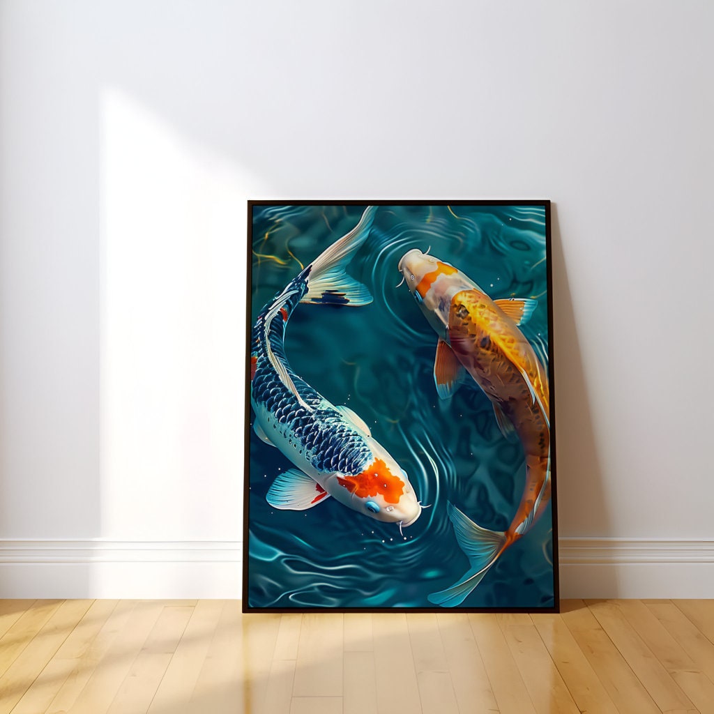 The Yin & Yang: Two Koi Fish in Rippling Pond | Serene & Elegant Japanese Inspired Art