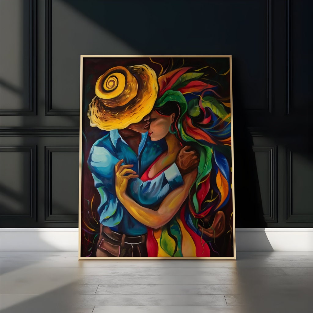 Embrace in Psychedelia Surreal Couple with Abstract Floral Background Interactive Wall Art