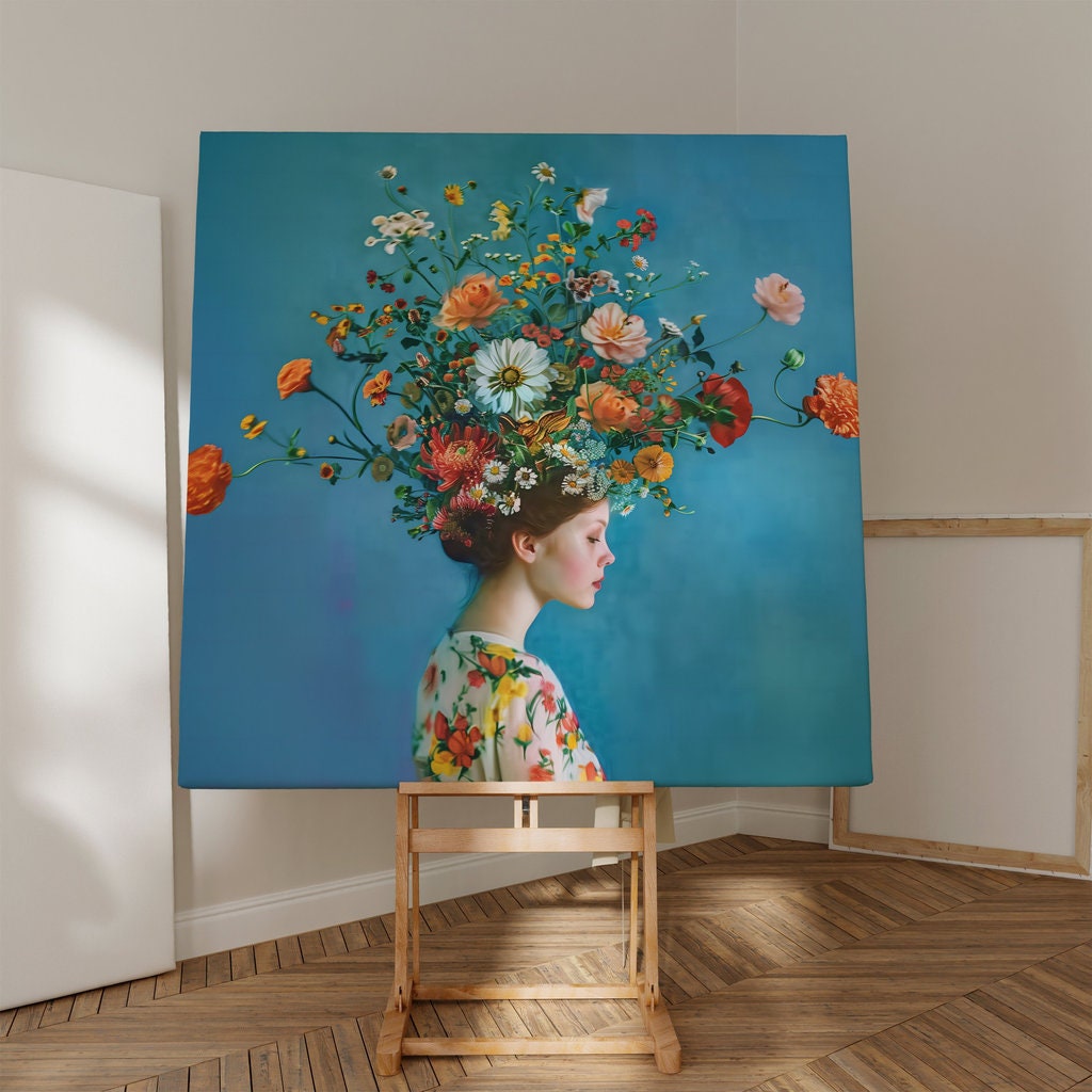 Surreal Floral Headdress Woman in Colorful Blouse Interactive Wall Art