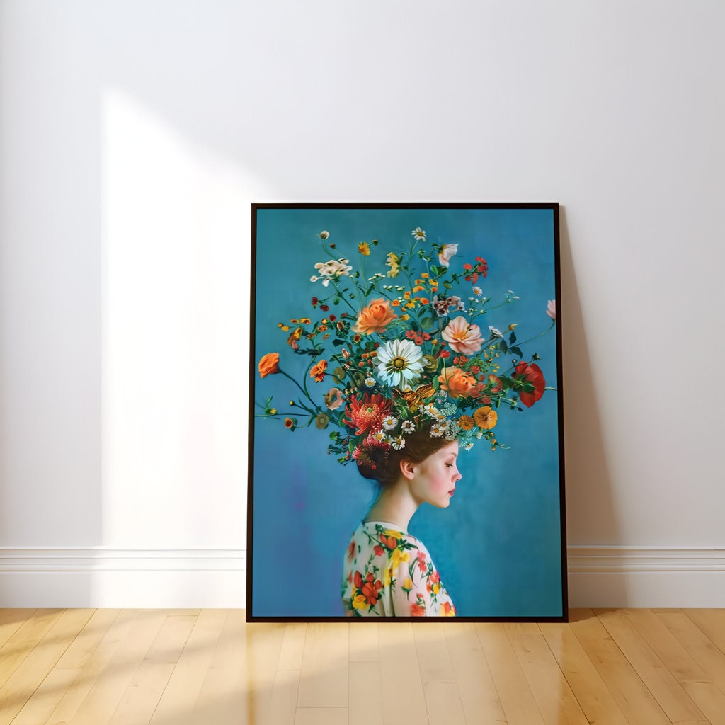 Surreal Floral Headdress Woman in Colorful Blouse Interactive Wall Art