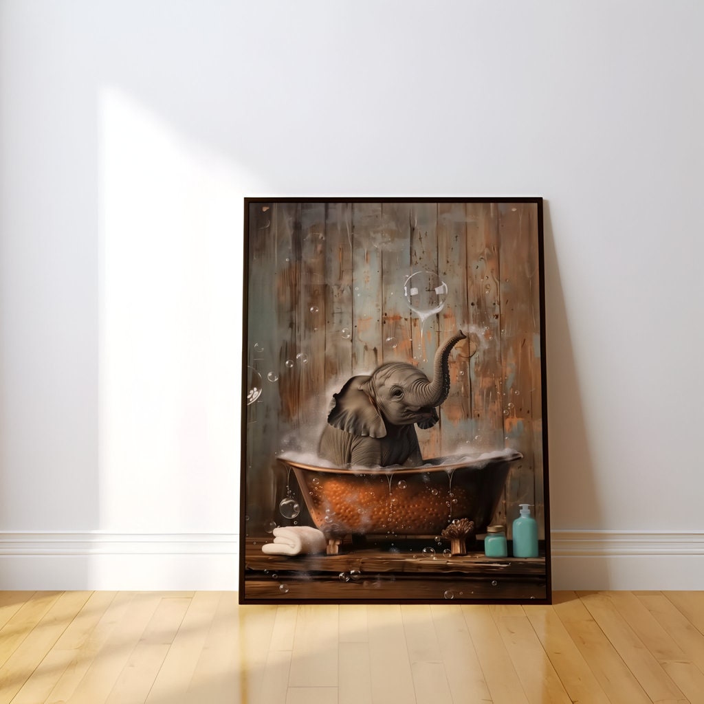 Surreal Baby Elephant Bubble Bath Rustic Wooden Interactive Wall Art