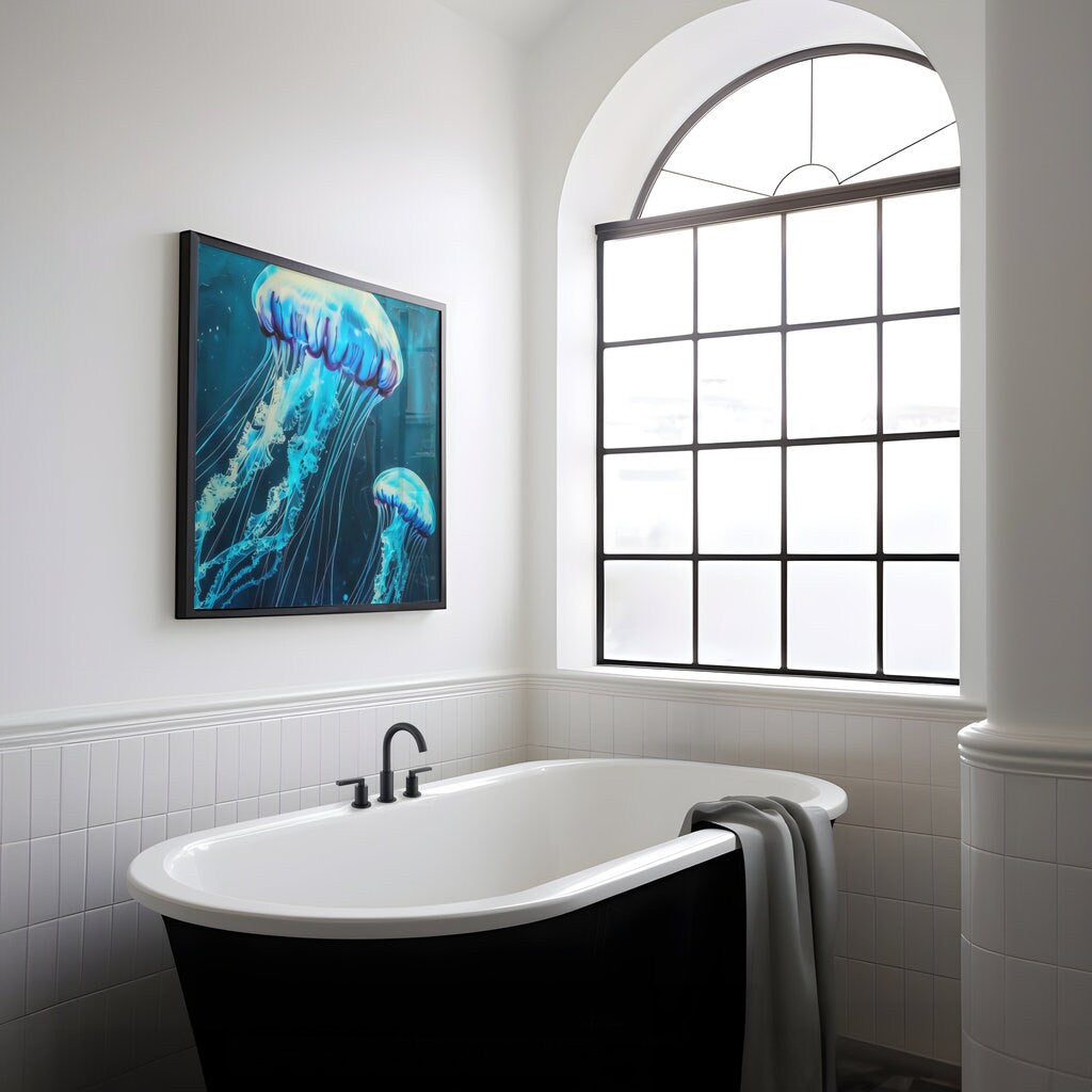 The Abyss: Glowing Jellyfish Underwater Art | Ethereal & Serene Marine Life Decor