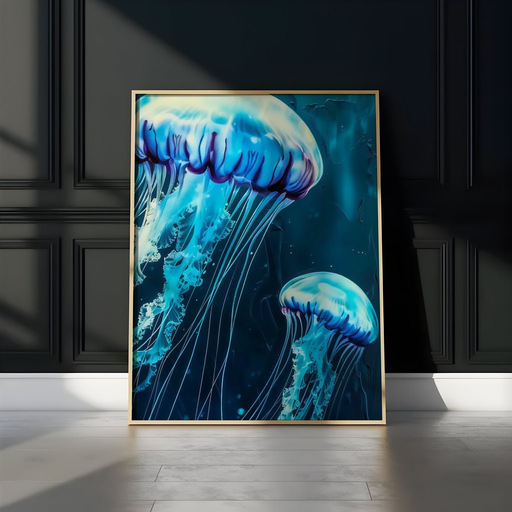 The Abyss: Glowing Jellyfish Underwater Art | Ethereal & Serene Marine Life Decor