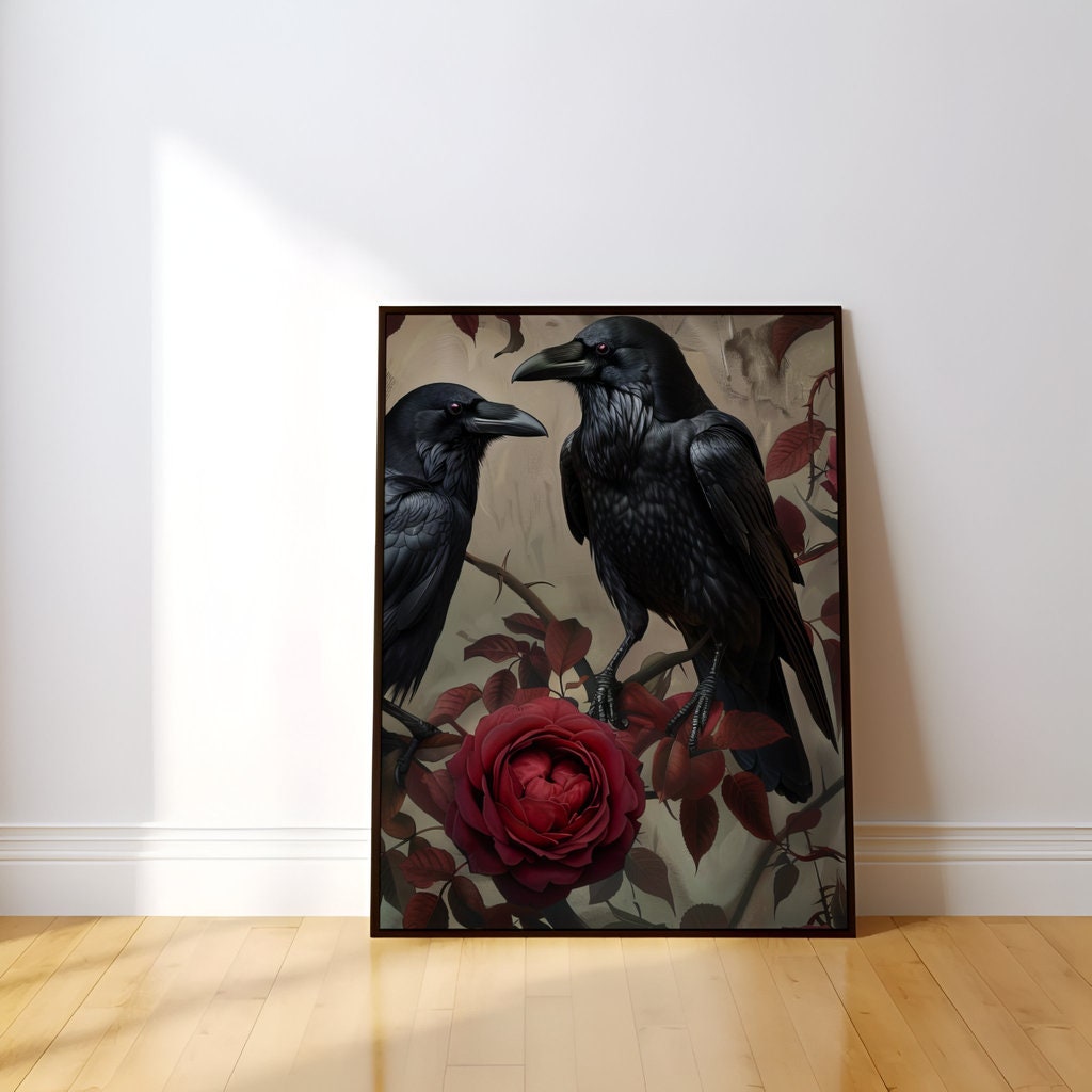 Ravens in Bloom: Dark & Moody Red Rose and Raven Art | Gothic & Elegant Wall Decor