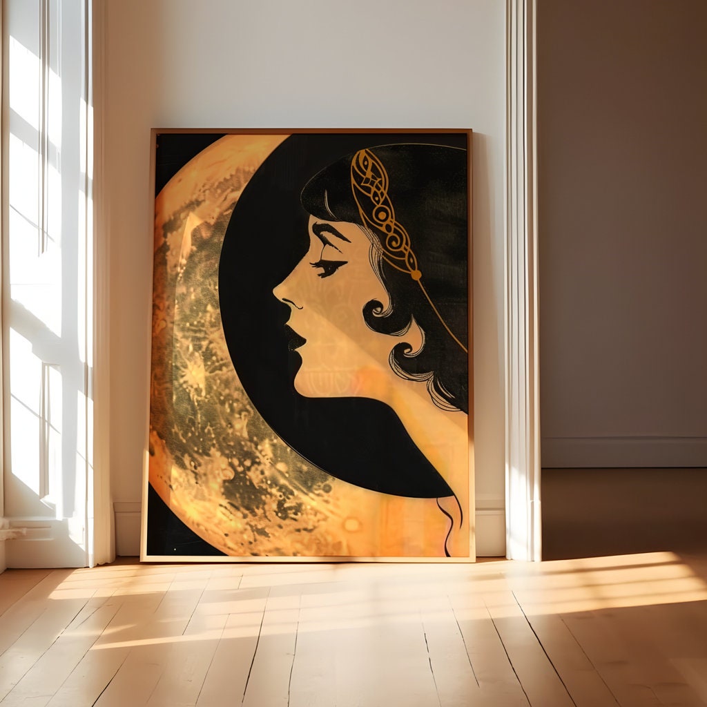 The Starlight Muse: Art Deco Headdress & Moon Art | Elegant & Celestial Wall Decor