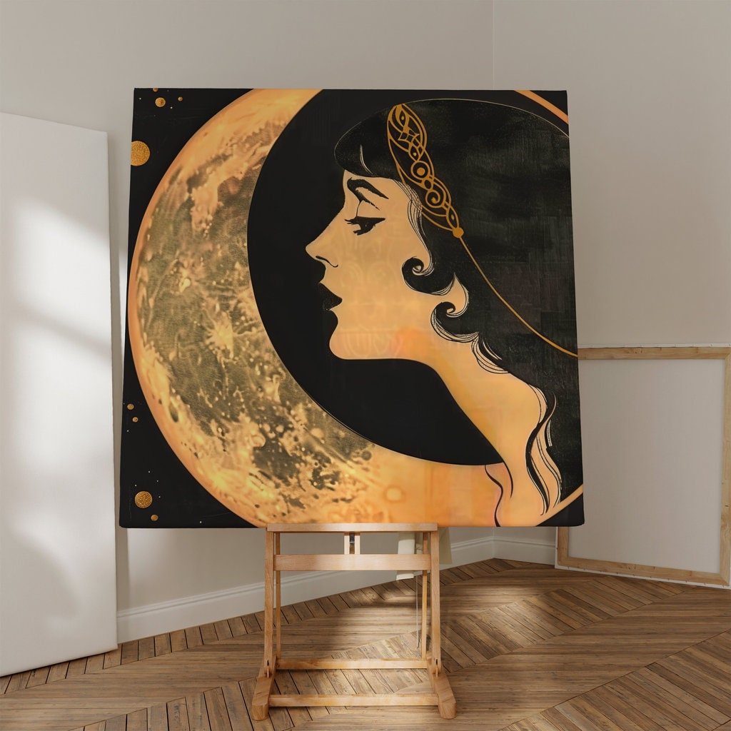 The Starlight Muse: Art Deco Headdress & Moon Art | Elegant & Celestial Wall Decor
