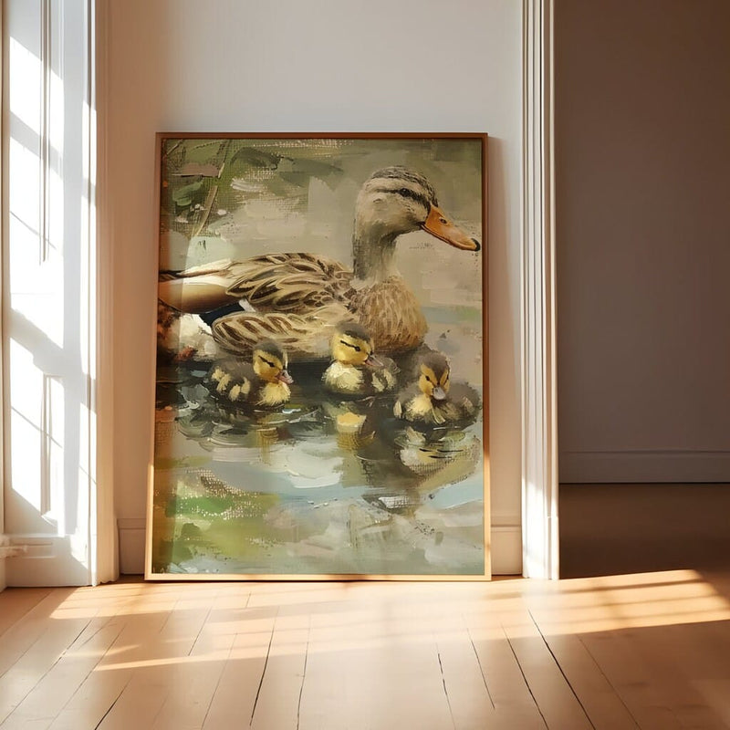 Mother Duck Art Print – Serene Nursery Wall Decor With Ducklings & Calm Water