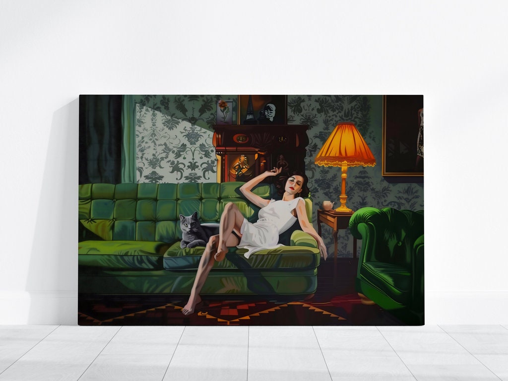 Vintage Elegance Woman Reclining on Green Tufted Sofa with Black Cat Interactive Wall Art