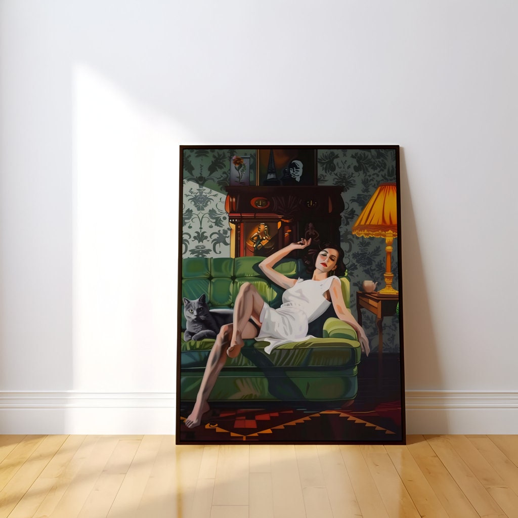 The Velvet Hour: Woman with Black Cat on Green Sofa | Moody & Cinematic Vintage Art