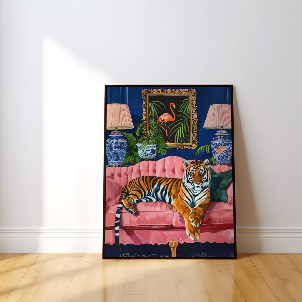 Tropical Elegance Reclining Tiger on Pink Sofa Interactive Wall Art