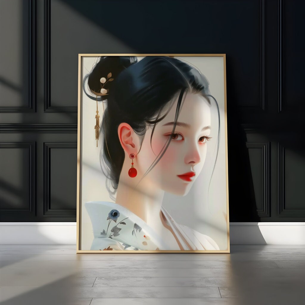 The Geisha's Gaze: Elegant Japanese Woman Portrait | Traditional Floral Art Decor