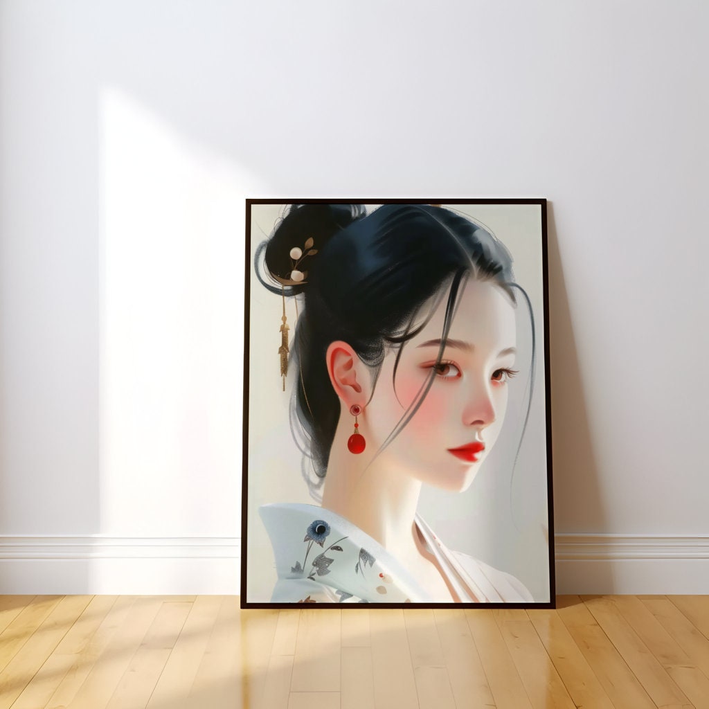 The Geisha's Gaze: Elegant Japanese Woman Portrait | Traditional Floral Art Decor