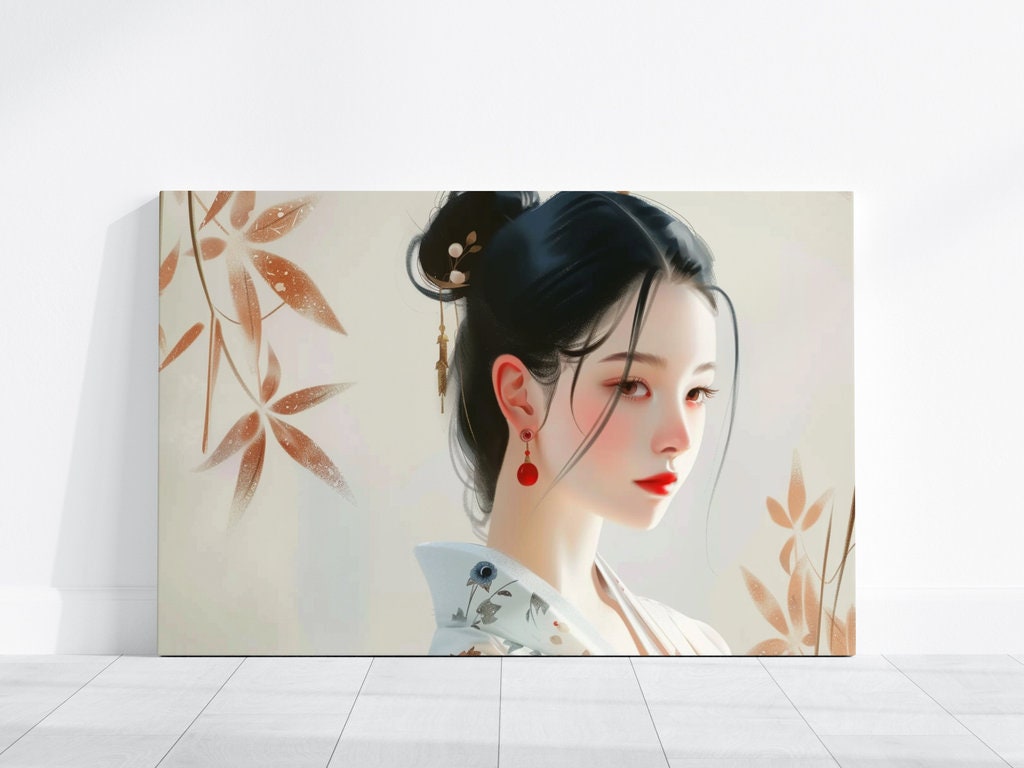 The Geisha's Gaze: Elegant Japanese Woman Portrait | Traditional Floral Art Decor
