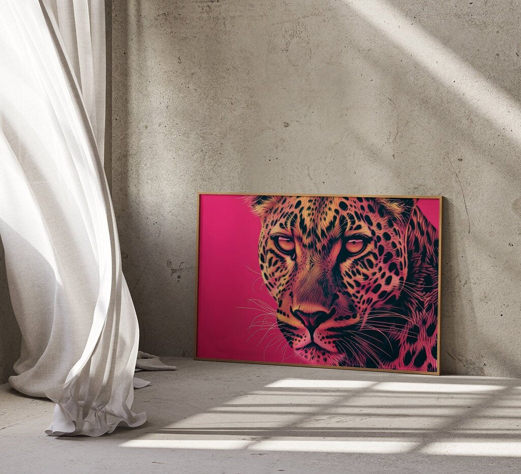 Fierce Leopard Intense Eyes and Vibrant Pink Art Interactive Wall Art