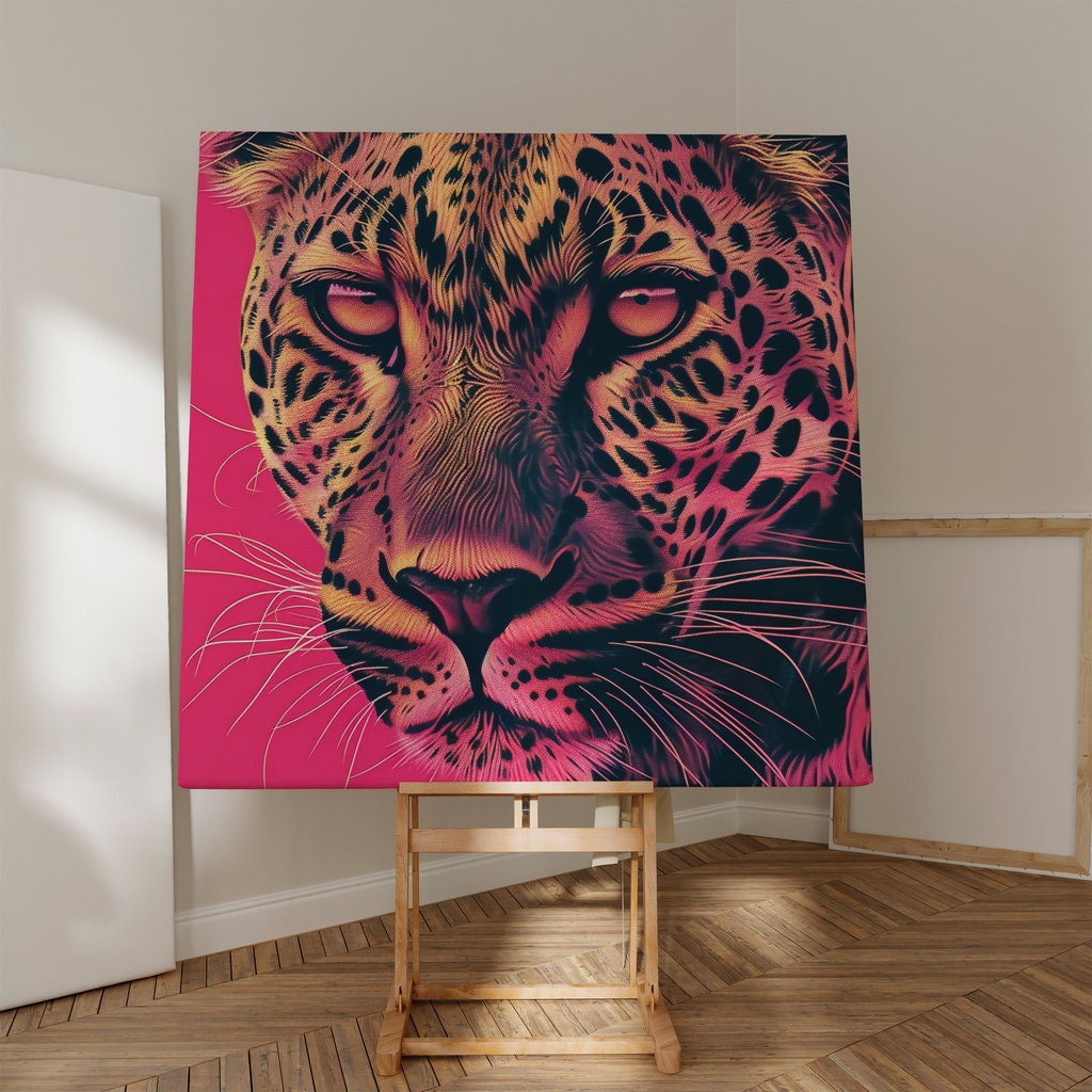 Fierce Leopard Intense Eyes and Vibrant Pink Art Interactive Wall Art