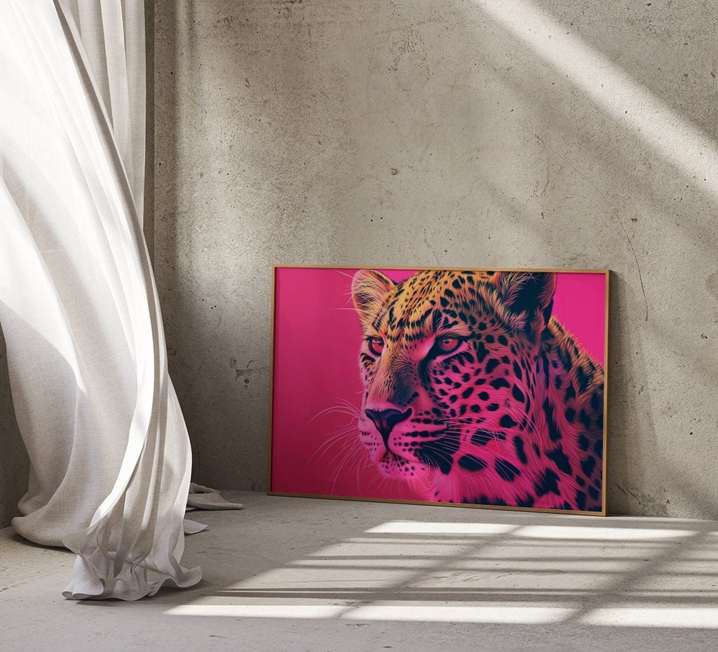 Majestic Leopard Intense Gaze Against Dramatic Pink Art Interactive Wall Art