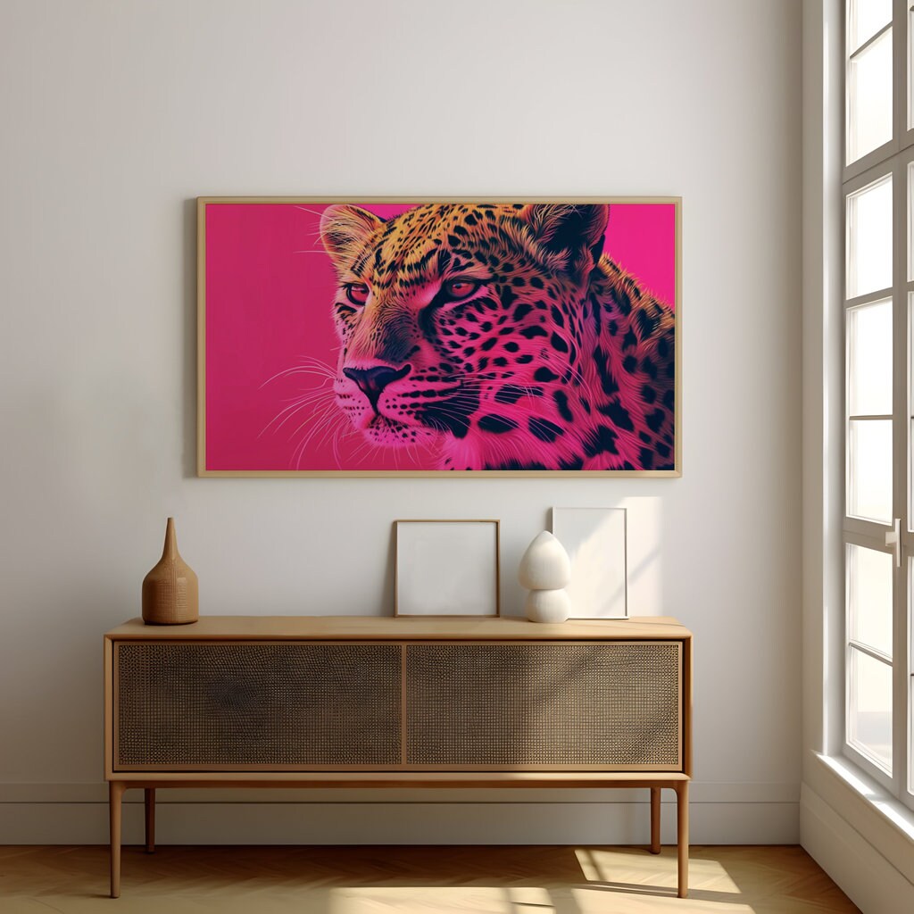 Majestic Leopard Intense Gaze Against Dramatic Pink Art Interactive Wall Art