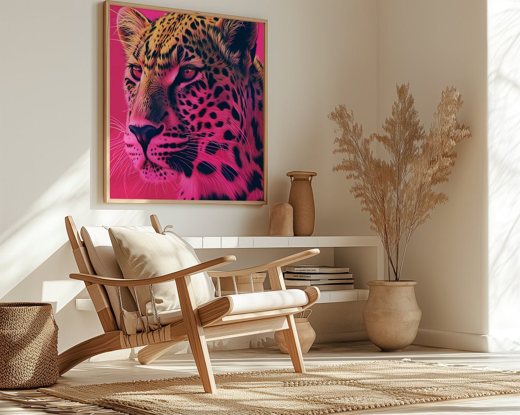 Majestic Leopard Intense Gaze Against Dramatic Pink Art Interactive Wall Art