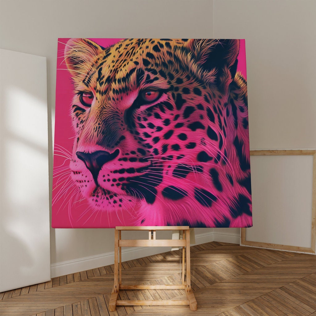 Majestic Leopard Intense Gaze Against Dramatic Pink Art Interactive Wall Art