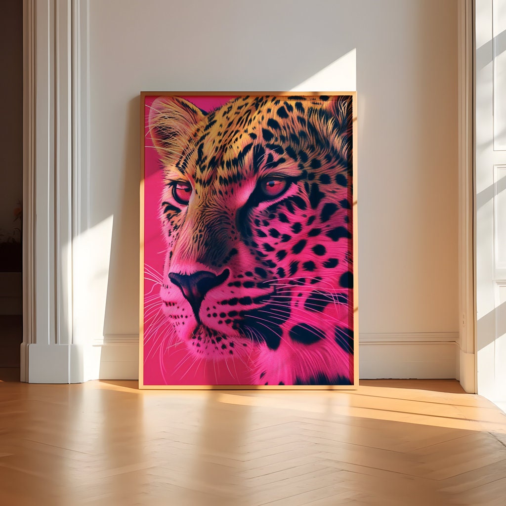 Majestic Leopard Intense Gaze Against Dramatic Pink Art Interactive Wall Art