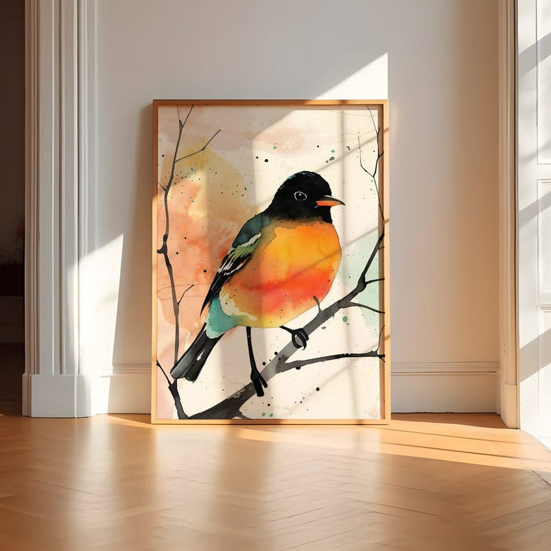 Vibrant Bird Watercolor Art – Orange Black Bird Painting | Modern Abstract Wall Decor