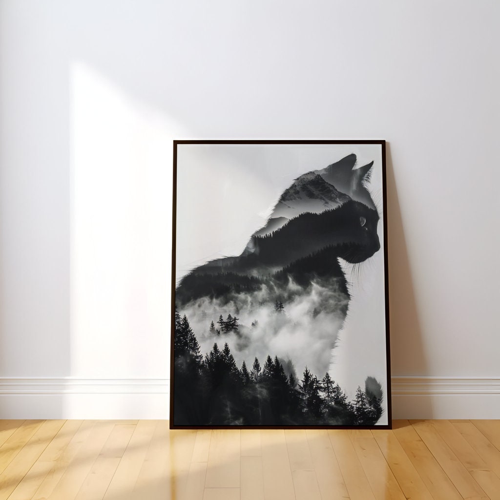 Mystical Cat and Mountain Landscape Interactive Wall Art