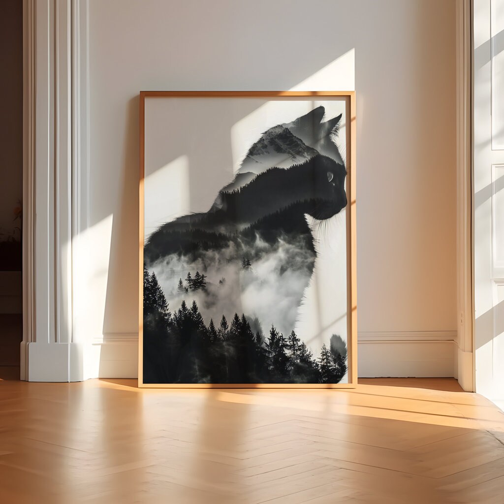 Mystical Cat and Mountain Landscape Interactive Wall Art