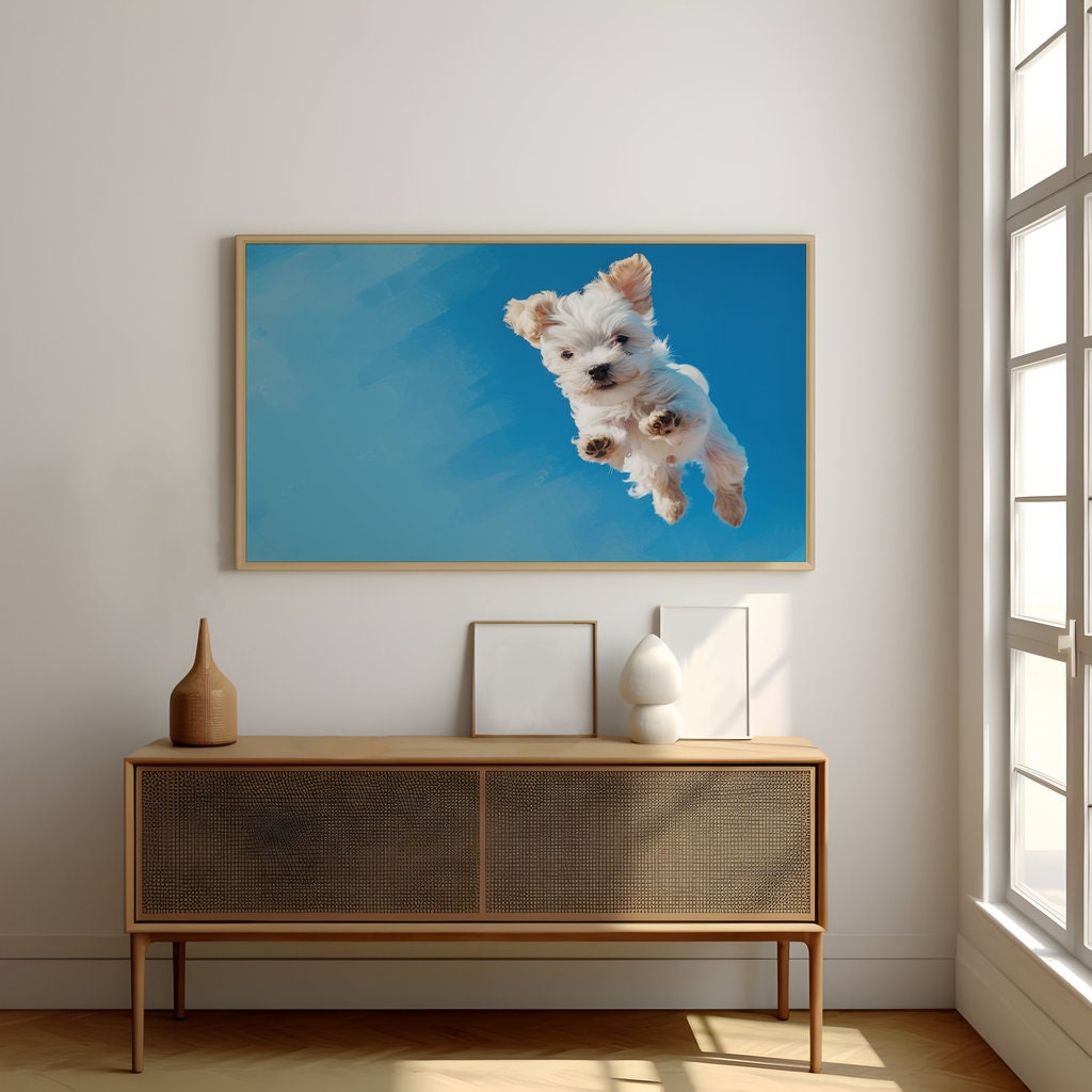 Playful Pup Fluffy White Dog in Mid-Jump Interactive Wall Art