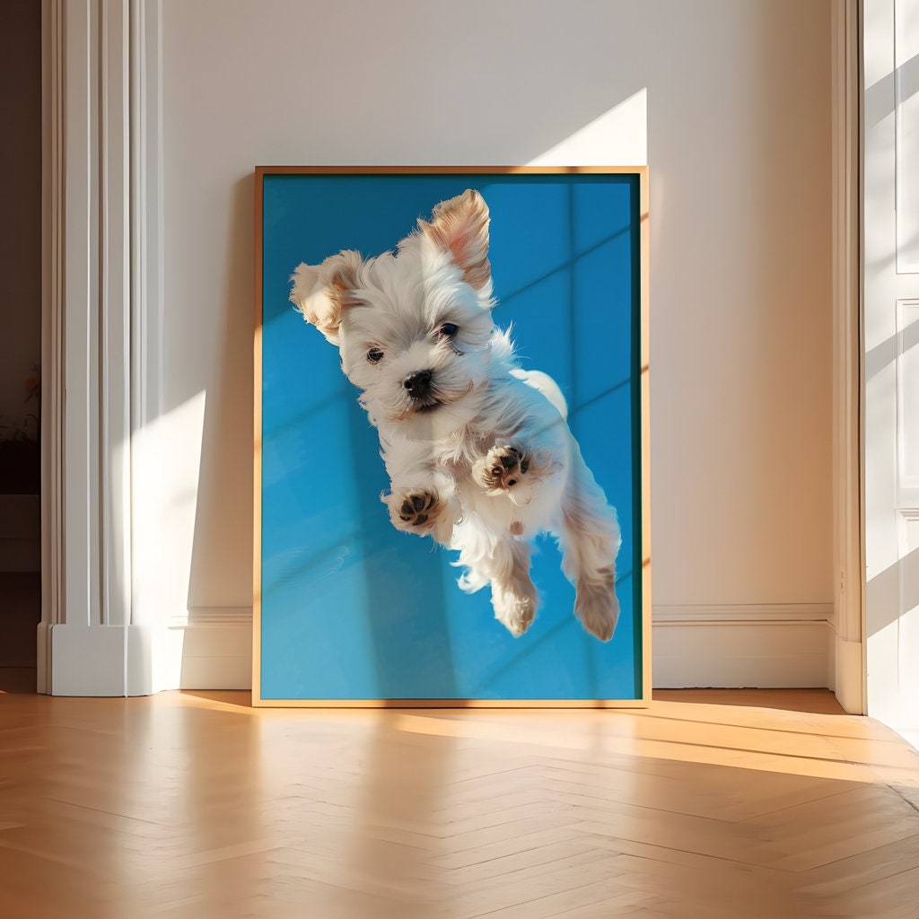 Playful Pup Fluffy White Dog in Mid-Jump Interactive Wall Art