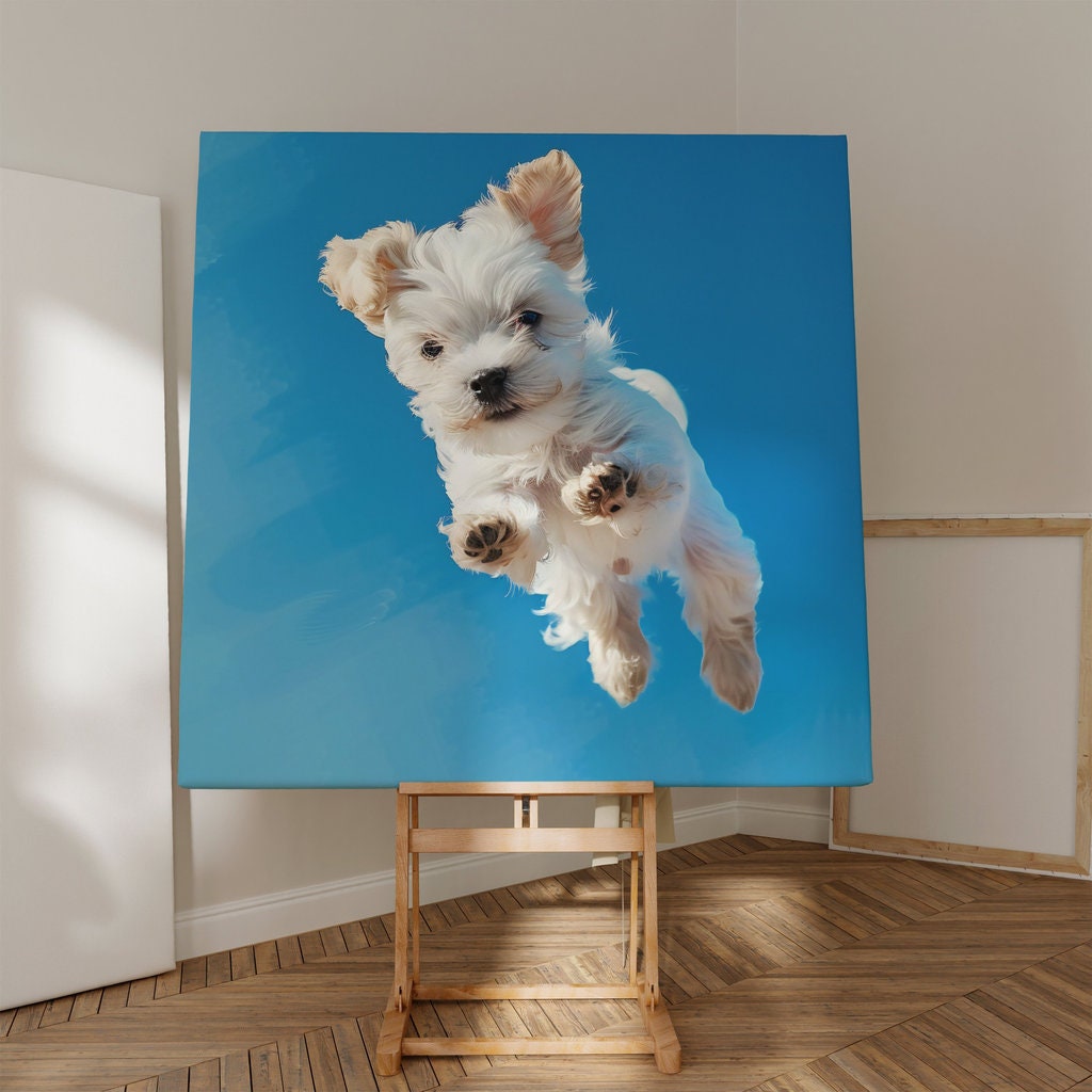 Playful Pup Fluffy White Dog in Mid-Jump Interactive Wall Art