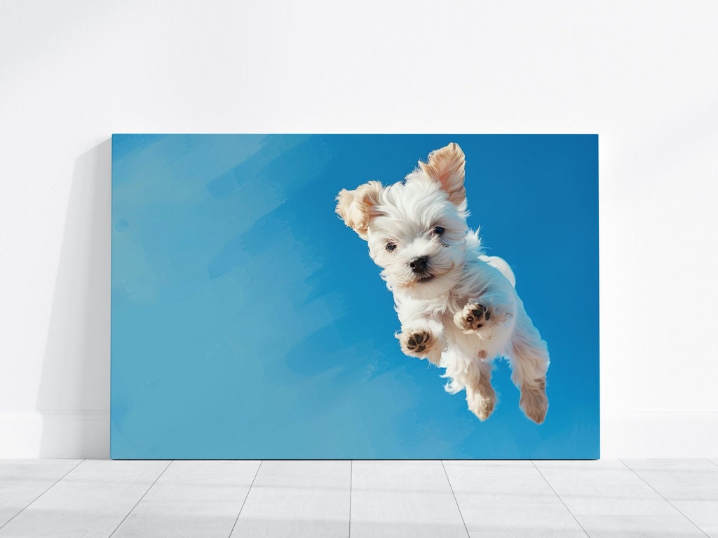 Playful Pup Fluffy White Dog in Mid-Jump Interactive Wall Art