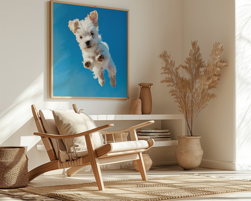 Playful Pup Fluffy White Dog in Mid-Jump Interactive Wall Art