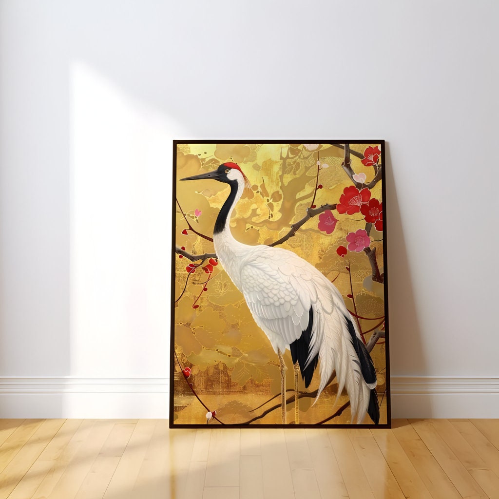 Graceful Crane Among Vibrant Floral Splendor Interactive Wall Art