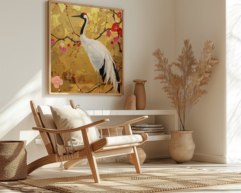 Graceful Crane Among Vibrant Floral Splendor Interactive Wall Art