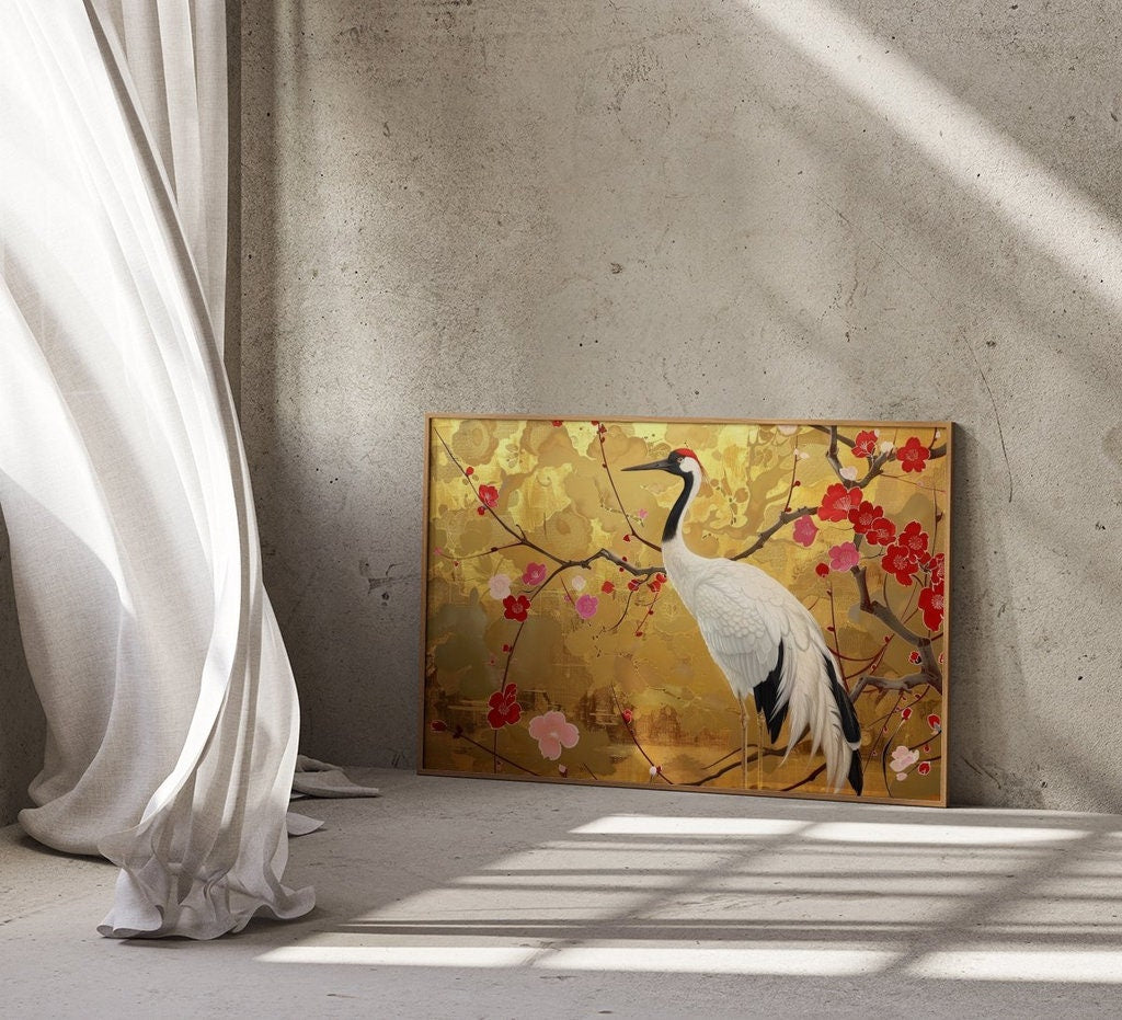 Graceful Crane Among Vibrant Floral Splendor Interactive Wall Art