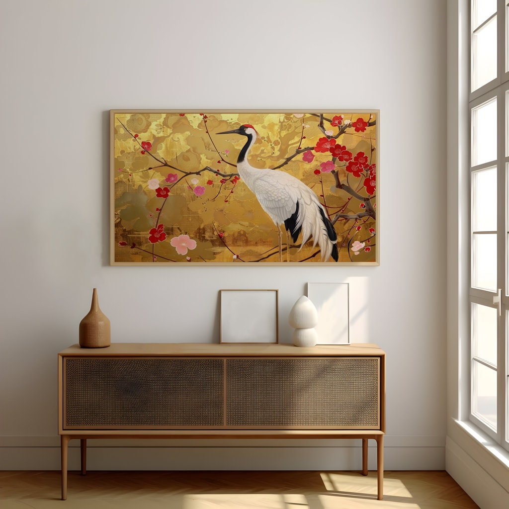 Graceful Crane Among Vibrant Floral Splendor Interactive Wall Art