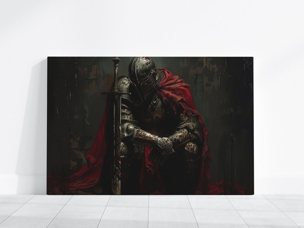 The Crimson Knight: Dark & Moody Armored Warrior Art | Medieval Fantasy & Gothic Wall Decor